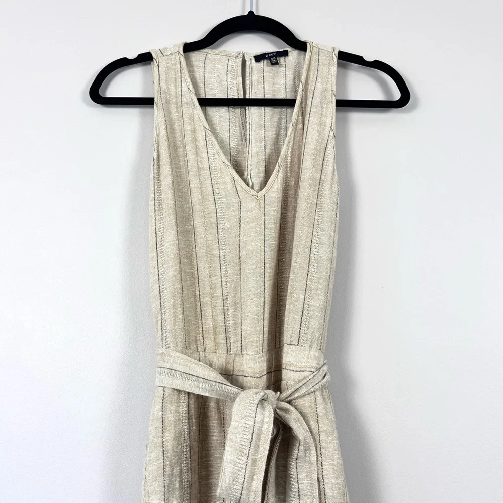 DREW x Anthropologie Striped Khaki Linen Blend Cropped Jumpsuit XS